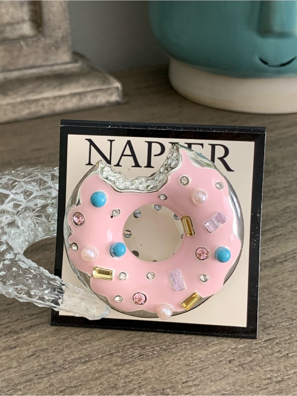 #69 Napier Enamel Donut Jeweled Figural Dimensional Silver Tone Brooch Pin New